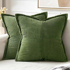 MIULEE Decorative Throw Pillow Covers for Couch Bed Livingroom 18x18 Inch Set of 2 Moss Green Boho Accent Throw Pllows Broadside Striped Patchwork Soft Corduroy Summer Pillowcases