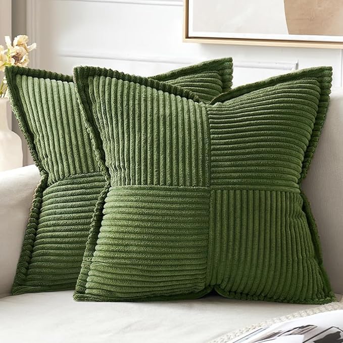 MIULEE Decorative Throw Pillow Covers for Couch Bed Livingroom 18x18 Inch Set of 2 Moss Green Boho Accent Throw Pllows Broadside Striped Patchwork Soft Corduroy Summer Pillowcases