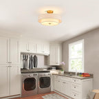 Modern Semi Flush Mount Ceiling Light 18" Modern Gold 3-Lights Drum Ceiling Lighting Fixture Vintage Linen Golden Ceiling Lamp for Laundry Room, Kitchen, Basement, Dining Room, Bedroom