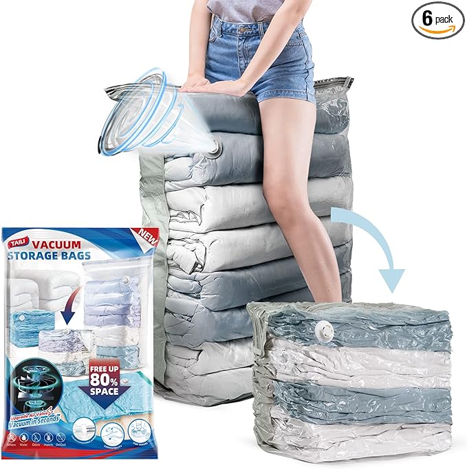 TAILI 6 Pack Vacuum Storage Bags, Jumbo Cube (31x40x15 Inch), Extra Large Vacuum Seal Bags for Clothing, Comforters, Blankets, Bedding, Closet Organization Space Saving, Cream