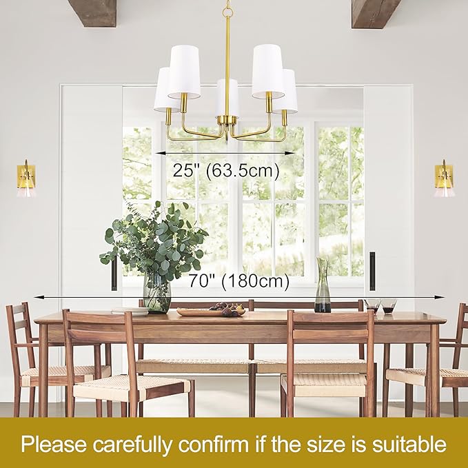 Chandelier, Brushed Brass with White Fabric Shade, Farmhouse Linear Island Lighting Fixture for Kitchen, Dining Room (5-Light Brass Gold with Fabric Shades)