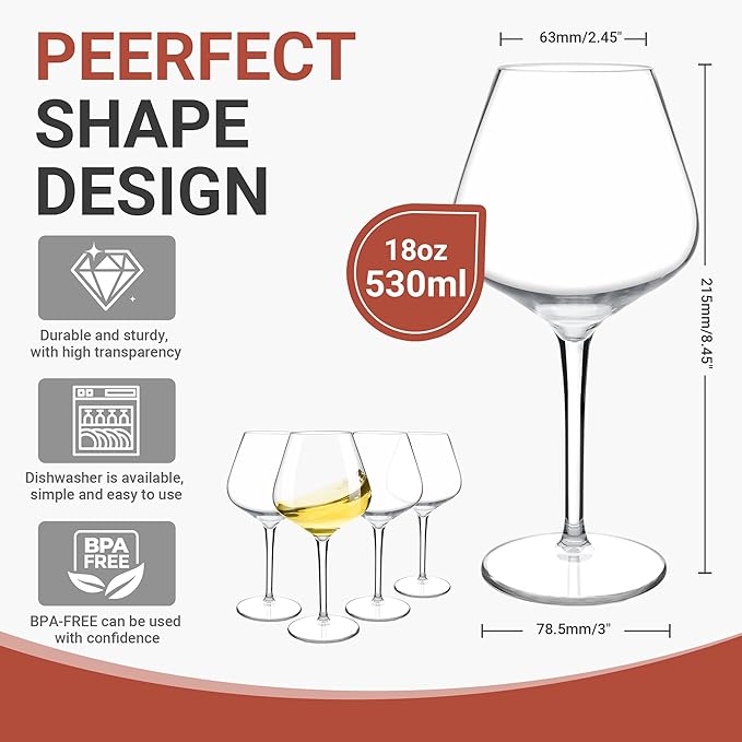 Tritan-Plastic Floating Red Wine Glasses for Pool Set of 4, 18 oz Holiday Drinkware Durable Wine Glasses with Long Stem, Ideal for Home, Party, Wedding, Beach