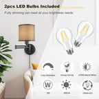 Dimmable Plug in Wall Sconces, Swing Arm Wall Lamp, Wall Sconces Set of Two, Plug in Wall Light, Sconces Wall Decor Set of 2, Grey Fabric Shade, 2pcs Bulbs Included