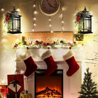Metal Christmas Decorative Candle Lantern with Led Light,Plaid Ribbon,Lighted Hanging Vintage Lanterns for Home Decor Table Fireplace Porch Indoor Outdoor Decorations,Serpro