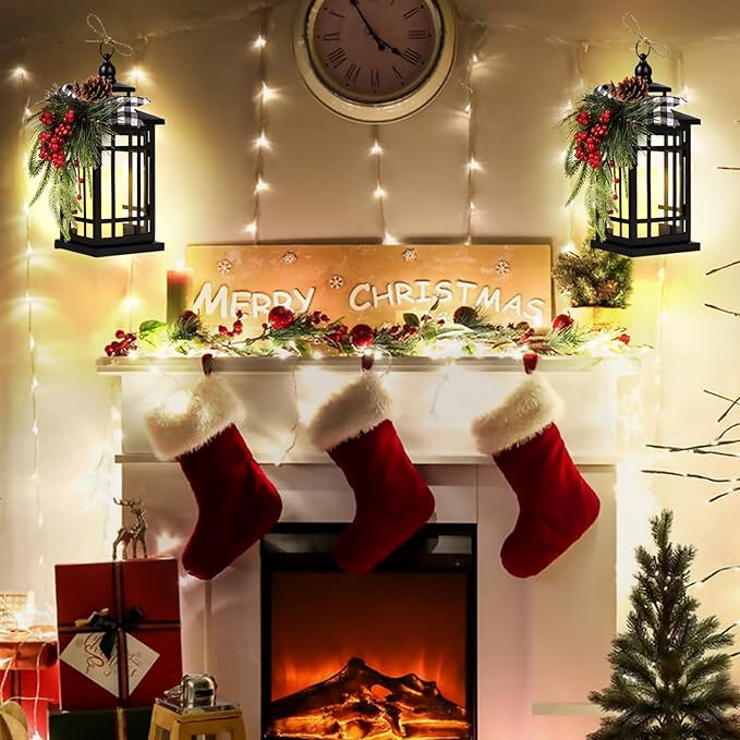 Metal Christmas Decorative Candle Lantern with Led Light,Plaid Ribbon,Lighted Hanging Vintage Lanterns for Home Decor Table Fireplace Porch Indoor Outdoor Decorations,Serpro
