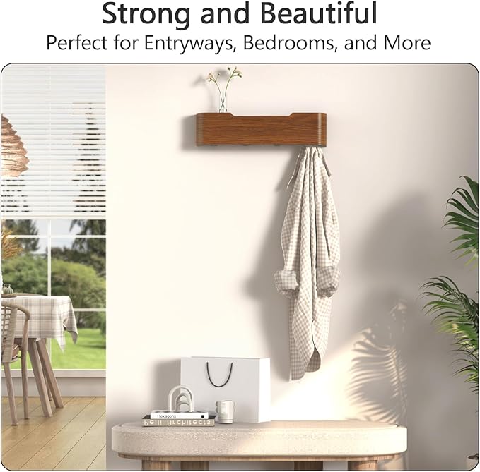 Coat Rack Wall Mount with Hidden Hooks Entryway Hanging Shelf Modern Wood Coat Hanger for Bedroom Kitchen Hallway Bathroom (Walnut, 16.6 Inch Long)