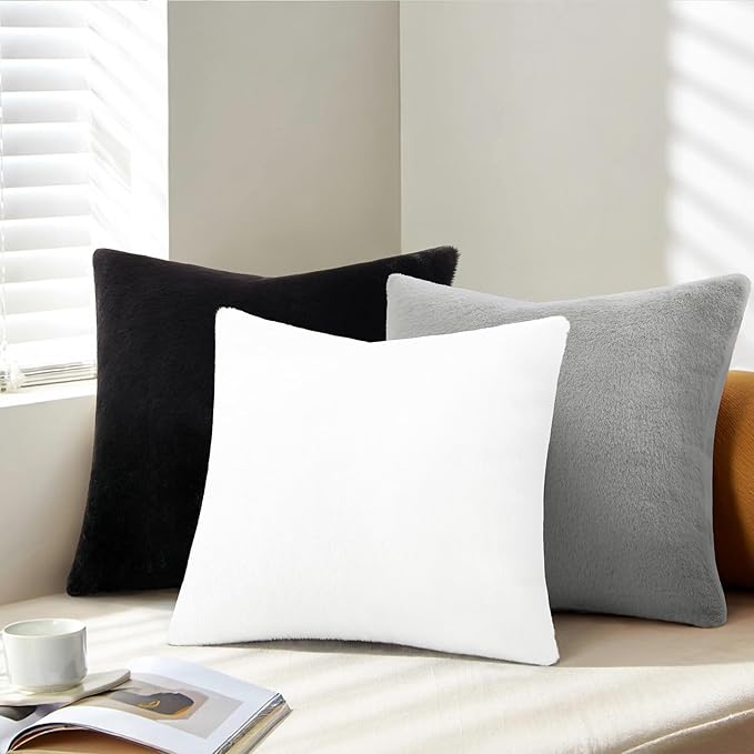 Pallene Faux Fur Plush Throw Pillow Covers 22x22 Set of 2, Luxury Soft Fluffy Cozy Decorative Pillow Covers for Sofa, Couch, Living Room, Black