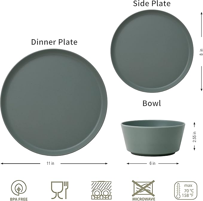 FINE&NICE 12Pcs Melamine Dinnerware Sets, Plates and Bowls Sets for 4, Unbreakable and Lightweight Dishes Set for Indoor and Outdoor Use, BPA Free, Dishwasher Safe (Sage Green)