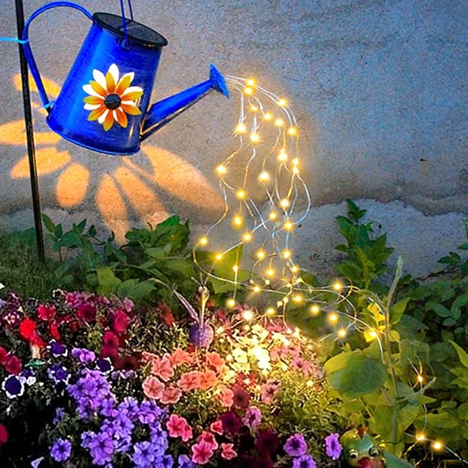 Blue Solar Watering Can with Light,Solar Powered Waterfall Lights 1 Pack 60 LED(Includes Shepherd Hook) for Garden,Yard, Path, Christmas Holiday Decoration