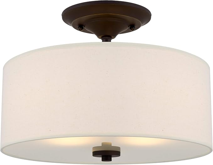Kira Home Addison 13" 2-Light Semi-Flush Mount Ceiling Light Fixture with Off-White Fabric Drum Shade, Bronze Finish