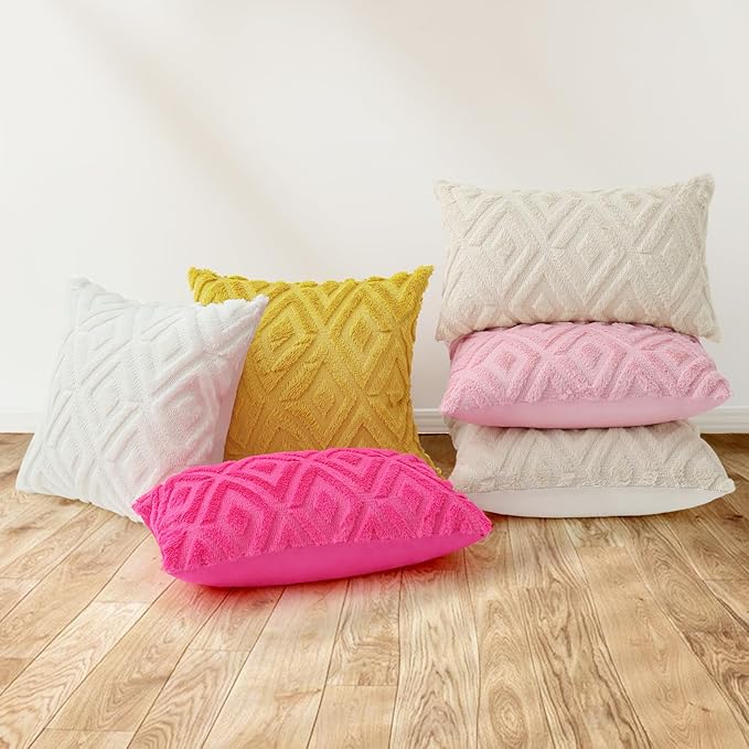 Pallene Pink Throw Pillow Covers 24x24 Set of 2, Soft Plush Faux Fur Decorative Couch Pillow Covers for Sofa Bed Living Room Pillow Cases with 3D Diamond Pattern