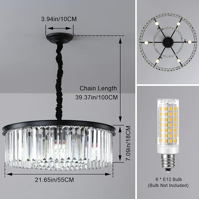 Black Modern Crystal Chandelier, 2-Tier Round Flush Mount Ceiling Light Fixtures Height Adjustable Pendant Lighting for Dining Room Living Room Bedroom Kitchen Hotel Foyer