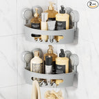 LEVERLOC Corner Shower Caddy Suction Cup, shower shelves suction cup, 2 Pack Basket Powerful Bathroom, Waterproof & Oil-proof Organizer for Kitchen, No-Drilling Removable (Grey)