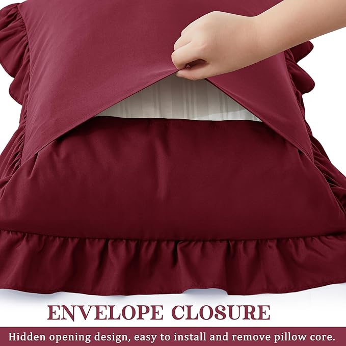KKJIAF Ruffle Body Pillow Cases Set of 1, Ruffled Pillow Covers with Envelope Closure, Wrinkle Resistant Ruffled Long Pillow Shams 20" x 54", Burgundy