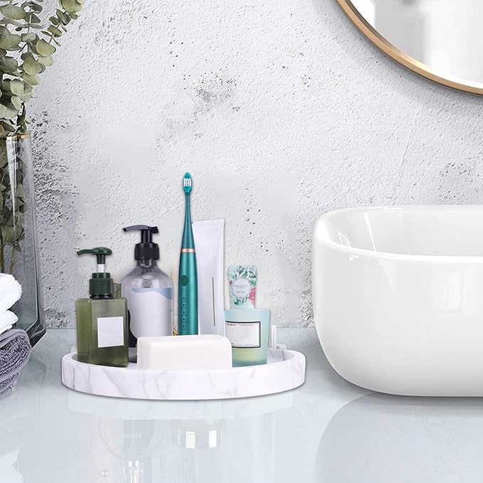WORHE Natural Marble Decorative Tray for Bathroom Bedroom Kitchen Dresser, Large 10.6" Round Vanity Trays for Jewelry, Perfume, Cosmetic, Candle, Countertop Storage Organizer for Home Decor (WH037)