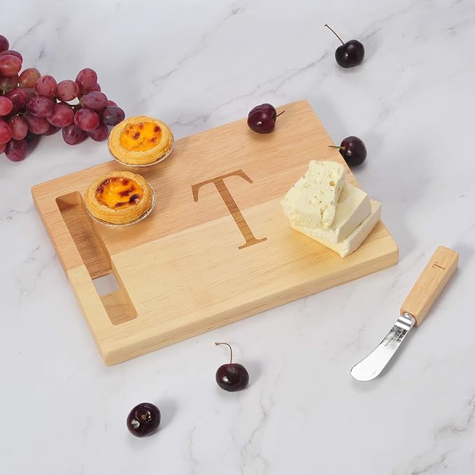 Miicol Wood Charcuterie Board, Monogram Cheese Board 10 Inch, Personalized Initial Cutting Board with Spreader, Unique Housewarming Gift, Ideal for Kitchen, Home, Letter T