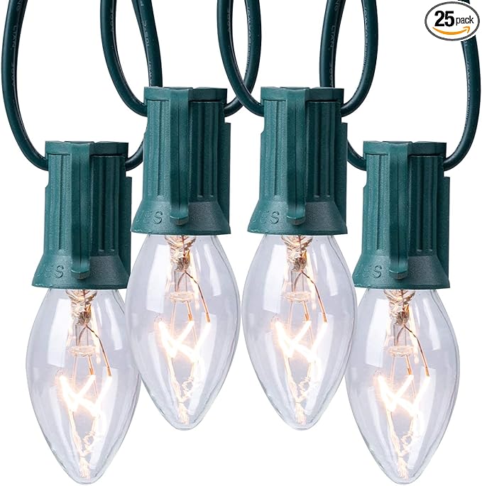 Minetom C9 Clear Christmas String Lights, 25FT 25 Bulbs Bright & Warm Outdoor Christmas Lights, Long Life C9 String Lights for Tree Patio Gazebo Wreath, Green Wire