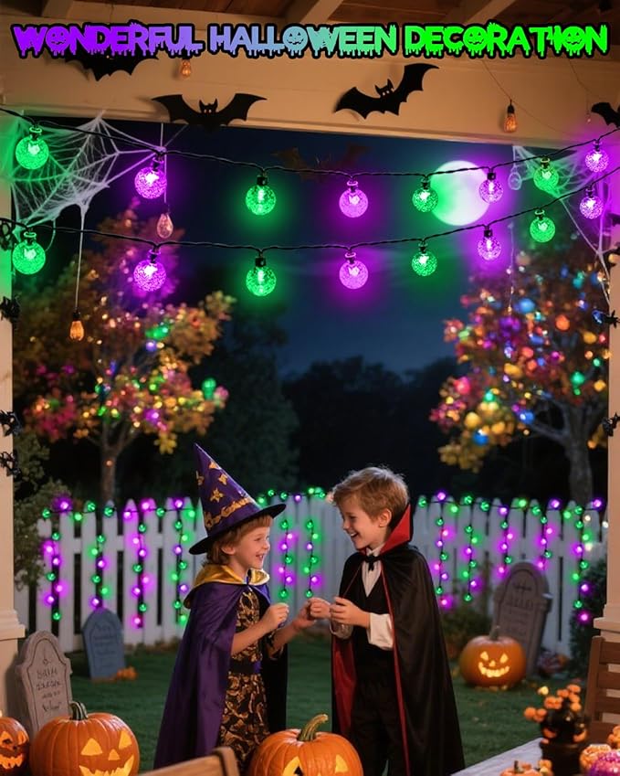 LORRYTE 2-Pack 100 LED Purple and Green Halloween Lights Outdoor - 64FT Crystal Globe Waterproof Solar String Lights with 8 Lighting Modes for Halloween Decorations, Garden, Patio, Party, Porch