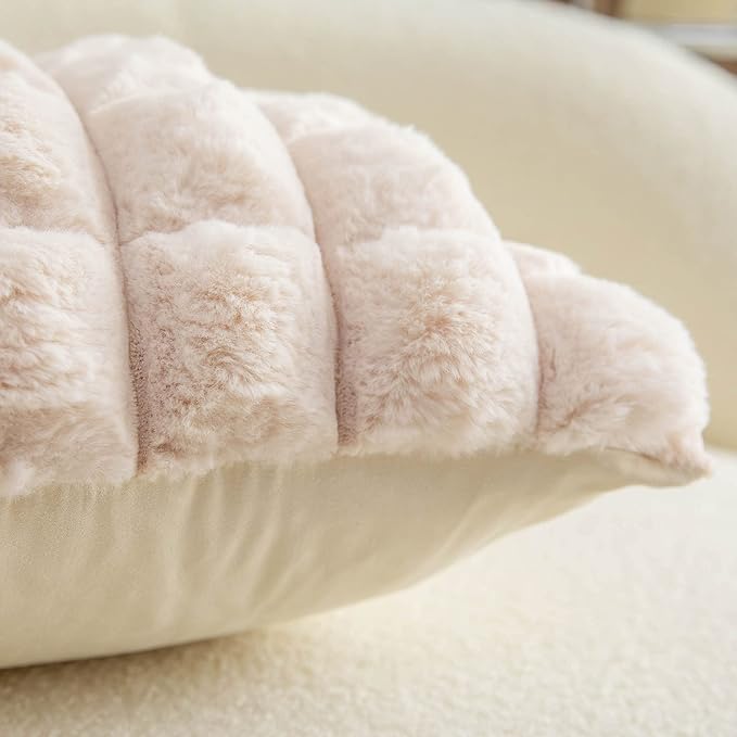 Neelvin Beige Faux Fur Cozy Soft Plaid Decorative Throw Pillow Covers 24x24 inch Set of 2,Velvet Pillowcase Cushion Case for Sofa Couch