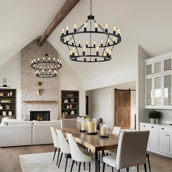 2 Tier Wagon Wheel Chandelier | 30-Lights 48 Inch Extra Large Chandeliers for High Ceilings | Black Wagon Wheel Light Fixture for Foyer | Entryway | Living Room