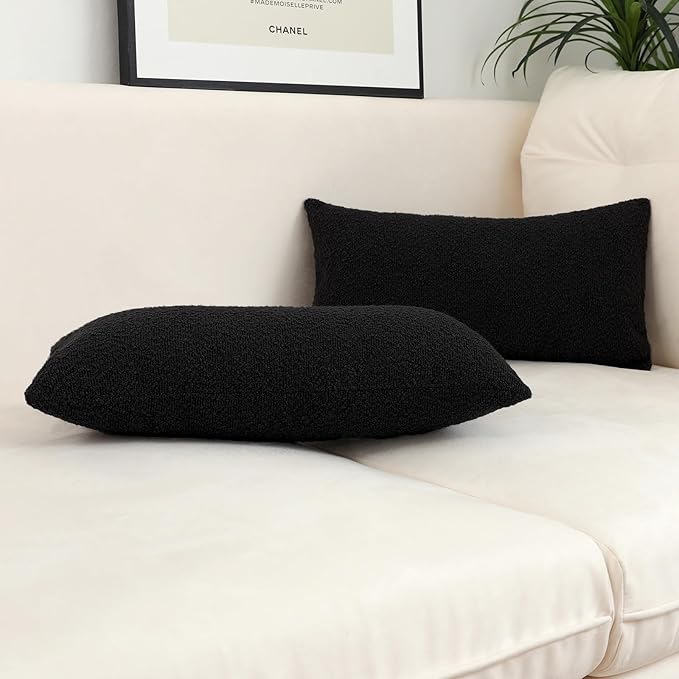 Jeneoo Black Decorative Long Lumbar Thick Throw Pillow Covers Fine Textured Boucle Couch Cushion Cases for Sofa Decor, Set of 1, 14 x 26 Inch