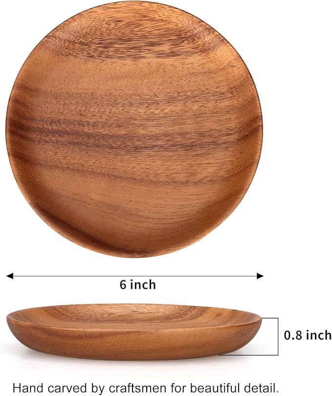 2 Pcs Small Wooden Dessert Plates for Eating Acacia Wood Snack Appetizer Plate 6 inch Mini Cute Salad Dinner Plates Reusable Round Non Toxic Platos Saucer Plate for Food Flat Picnic Serving Dishes