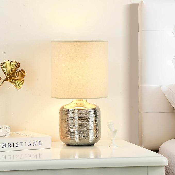 Lampwell Beno Small Table Lamp for Living Room as Bedside Table Lamp for Bedroom,Modern Ceramic Table Lamp,Kids Table Lamp,Night Table Lamp,Φ6.3×H11.81IN,Bulb Excluded,Grey Chrome Table Lamp