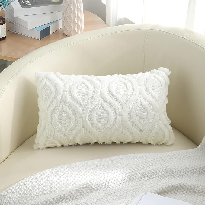 decorUhome Throw Pillow Covers 12x20 Inch Set of 2, Soft Plush Decorative Faux Fur Cream White Solid Couch Pillow Covers, Accent Farmhouse Neutral Lumbar Euro Pillow Cases for Sofa Bed Living Room