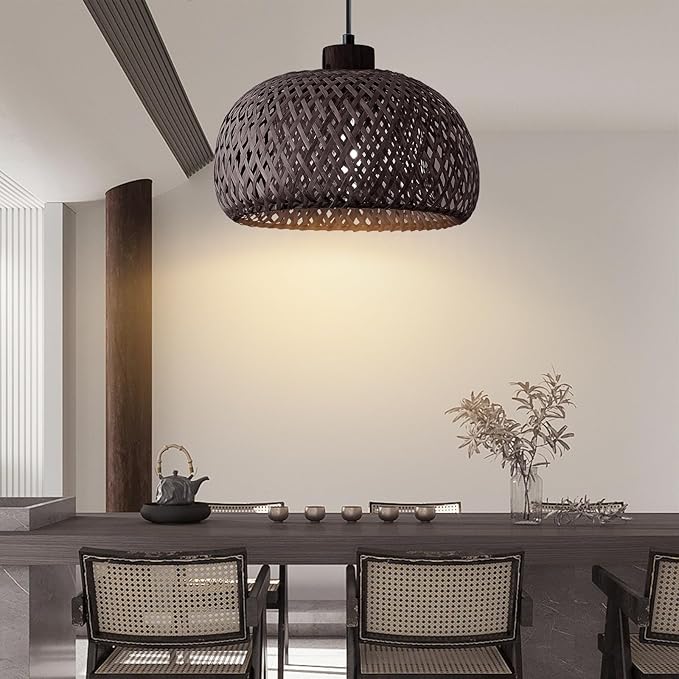Black 18inch Bamboo Rattan Pendant Light, Hand-Woven Wicker Boho Hanging Ceiling Light Fixture, Pendant Lamp Rustic Farmhouse Chandelier for Kitchen Island, Dining Room, Living Room