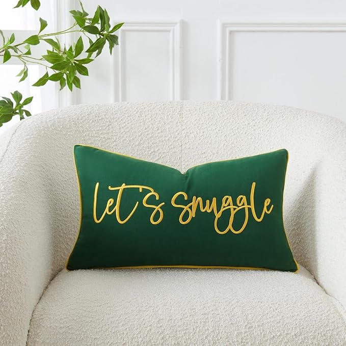 Sunkifover Let's Snuggle Decorative Lumbar Pillow Cover - 12x20 Inch Green and Gold Cotton Embroidery Throw Pillowcase for Bed, Bedroom, Living Room, Home Decor