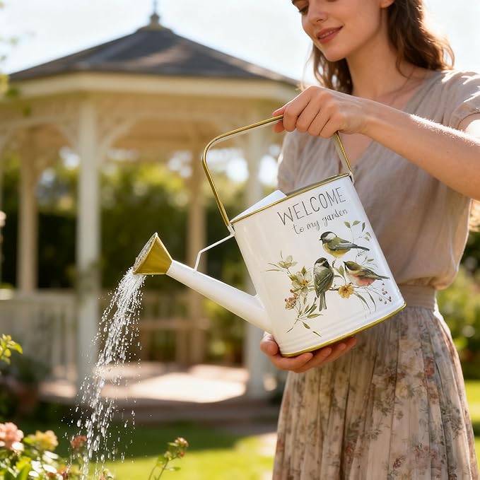 Metal Watering Can with Handle Rustic Farmhouse Watering Can Flower Pot Decorative Planter for Indoor Outdoor Garden Balcony Courtyard (White)