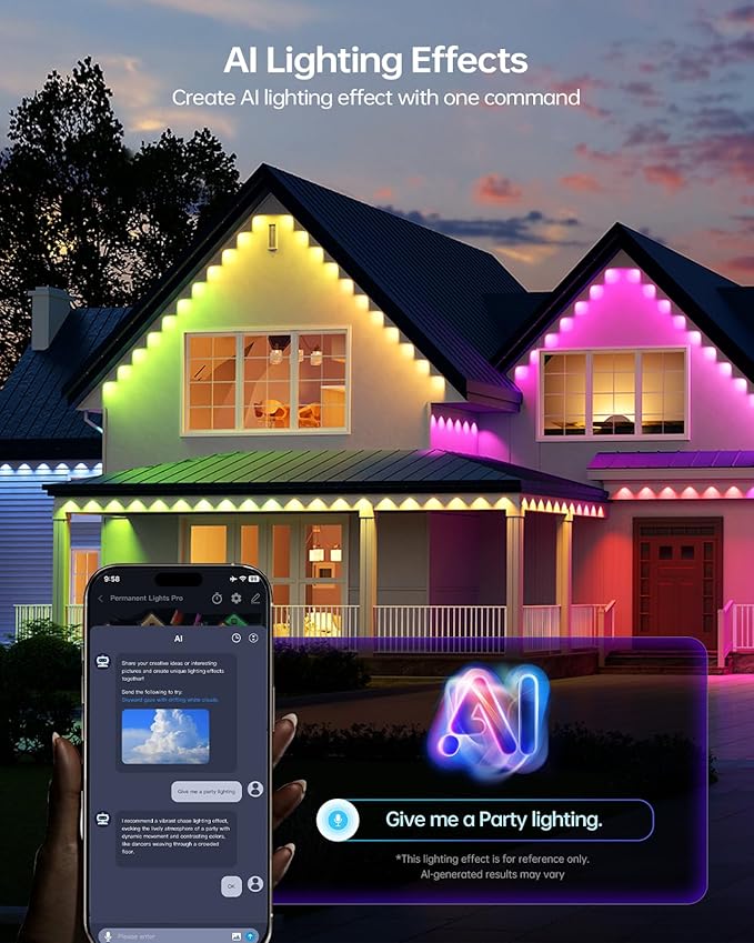 ASAHOM AI Permanent Outdoor Lights S107D, 200FT with 144 RGBCW LED Lights and Dual Output, 30,000 Lighting Effect Combination, IP67 Waterproof for House Halloween Christmas and Daily Decoration, White