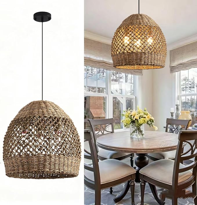 Rattan Boho Pendant Light Fixtures, Farmhouse Hanging 3-Light Wicker Chandelier,Hand-Woven Seagrass Kitchen Islands Chandeliers for Dining Room Entryway Foyer 13.39"