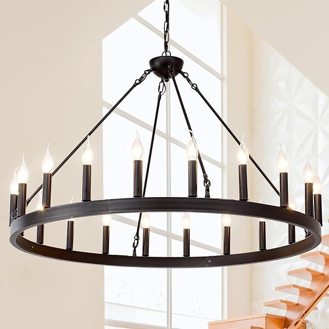 Black Wagon Wheel Chandelier 40 inch,20-Light Farmhouse Wagon Wheel Chandeliers Round Industrial Ceiling Light fixtures for Outdoor Porch high Ceilings Living Dining Room Foyer Entryway