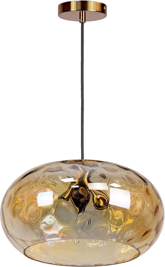 Large Glass Pendant Lighting, 14" Hammered Lampshade Hanging Lamp, 3-Light Brass Gold Chandelier for Dining Living Room Kitchen Island (Amber Glass Shade, 14 Inches)