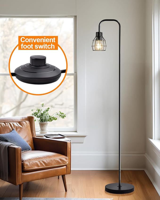 Oneach 63.75" Industrial Floor Lamp Modern Black Floor Lamp with Footswitch Metal Reading Tall Pole Light with 4W LED Bulb Standing Tall Lamp for Living Room Bedroom Office E26 Base