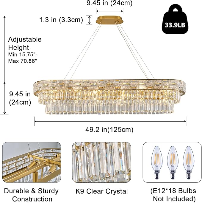 Crystal Chandeliers, 49.2" 18-Light Rectangular Chandelier for Dining Room, Gold Chandelier for Kitchen, Modern Large Chandeliers, Dining Room Light Fixture Island Lights Dimmable