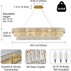 Crystal Chandeliers, 49.2" 18-Light Rectangular Chandelier for Dining Room, Gold Chandelier for Kitchen, Modern Large Chandeliers, Dining Room Light Fixture Island Lights Dimmable