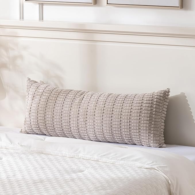 Fancy Homi Taupe Long Lumbar Decorative Throw Pillow Covers 20x54 Inch for Bed Couch Bed Sofa, Rustic Farmhouse Boho Room Decor, Soft Striped Corduroy Rectangle Cushion Case 50x137 cm