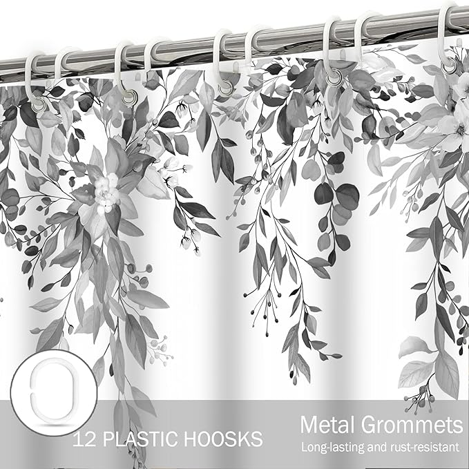 Eucalyptus Shower Curtain, Grey Watercolor Leaves with Floral Botanical Bathroom Decor, Waterproof Fabric Bath Curtain Set with Hooks, 36x72 Inches
