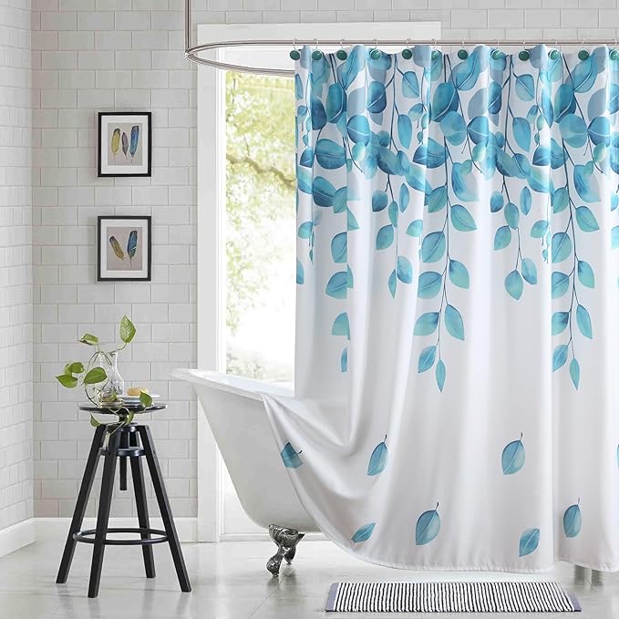 Extra Long Fabric Shower Curtain, Blue Watercolor Eucalyptus Leaves Shower Curtain for Bathroom, 72" W x 84" H