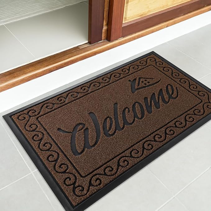Yimobra Welcome Mat, Heavy Duty Sturdy Door Mats for Home Entrance Outdoor Indoor, Front Doormat for Outside Patio Floor Entry Porch Garage Office, Waterproof, Low Profile, 29.5x17, Coffee