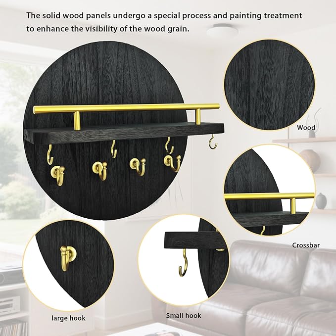 Key Holder Wall Mount with Shelf and Hooks, 11.8 Inch Entryway Gold Key Rack Hanger, Rustic Key Holder for Wall Decor