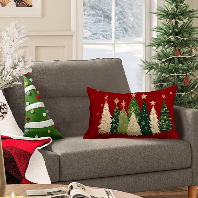 RABUSOFA Christmas Tree Pillow Covers 12x20 Inch,Watercolor Christmas Decorations Pillows Decorative Throw Pillows Stars Xmas Lumbar Cushion Case for Home Decor Couch Winter Holiday(4-Red)