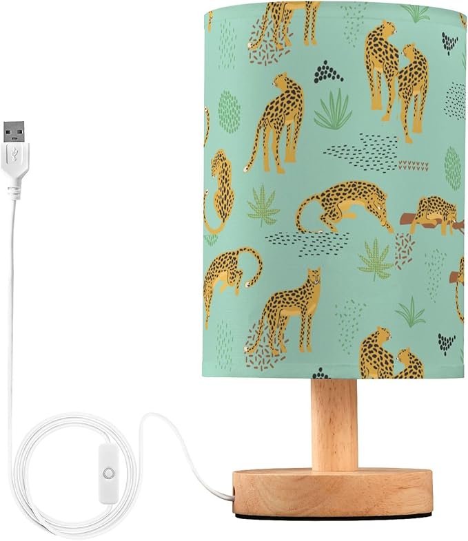Table Lamp Vintage Cheetah Leopard Animal Tropical Palm Leaf Print Nightstand Lamp with Wood Base Fabric Lamp Shade Bedside Desk Lamp for Living Room Bedroom Kids Room Office