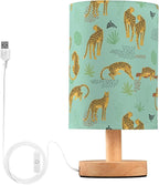 Table Lamp Vintage Cheetah Leopard Animal Tropical Palm Leaf Print Nightstand Lamp with Wood Base Fabric Lamp Shade Bedside Desk Lamp for Living Room Bedroom Kids Room Office
