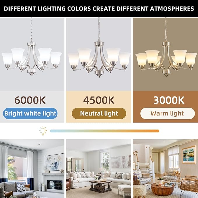 6 Lights Brushed Nickel Dining Room Light Fixture Farmhouse Modern Chandelier Pendant Light Silver Adjustable Ceiling Hanging Lighting with Frosted Glass for Kitchen Island Living Room Foyer