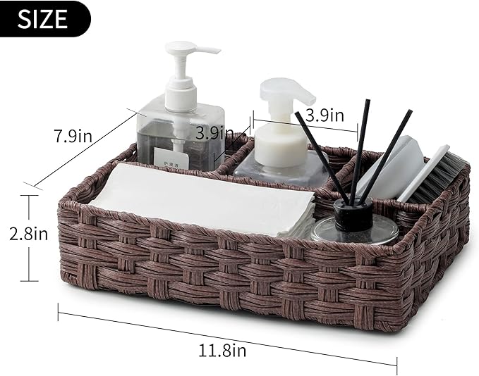 Toilet Tank Topper Paper Basket Multiuse Hand Woven Plastic Wicker Basket Bins with Divider for Shelves Rustic Farmhouse Bathroom Decor Countertop Organizer Storage