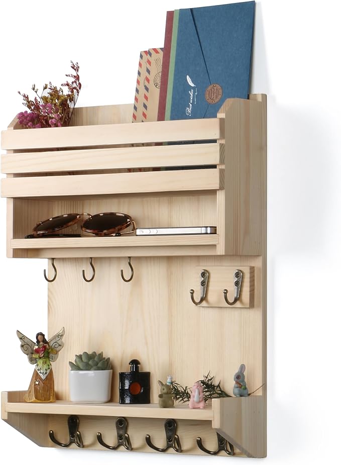 Key Holder, Wall Mounted Mail Organizer, Keys Holder on Wall with 9 Key Hooks, Natural Color