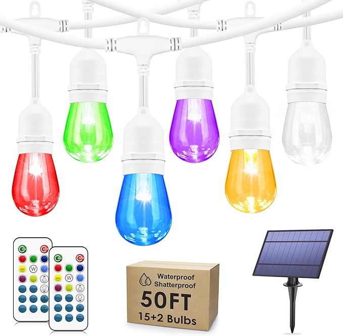 50FT RGB Solar Outdoor String Lights with Remote, Dimmable Waterproof Patio Lights with 15 LED Bulbs for Deck Balcony Cafe Party-White Cord